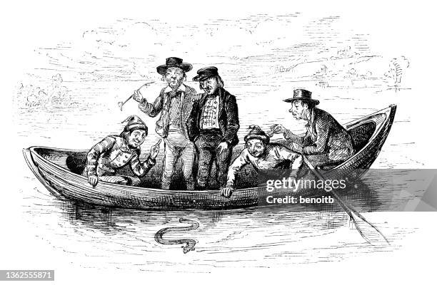 men looking at eel - eel stock illustrations