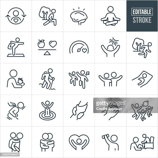 illustrazioni stock, clip art, cartoni animati e icone di tendenza di icone della linea sottile del benessere mentale - tratto modificabile - benessere