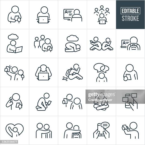 bildbanksillustrationer, clip art samt tecknat material och ikoner med cyberbullying thin line icons - editable stroke - flickor