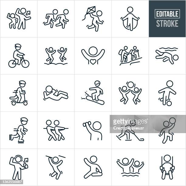 child fitness thin line icons - bearbeitbarer strich - health and safety icon stock-grafiken, -clipart, -cartoons und -symbole