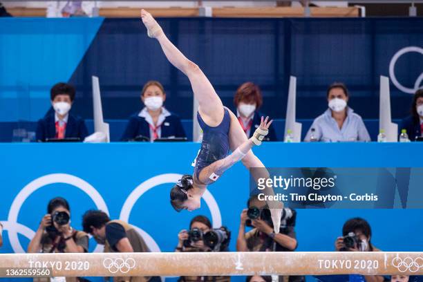 Yuna Hiraiwa of Japan performing her routine on the Balance Beam during the Team final for Women at Ariake Gymnastics Centre during the Tokyo 2020...