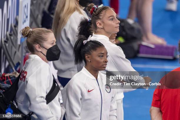 Simone Biles of the United States watching her team after pulling out of competition during the Team final for Women at Ariake Gymnastics Centre...