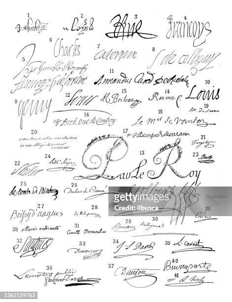 antike illustration: unterschriften berühmter persönlichkeiten, könige von frankreich und andere - autographs stock-grafiken, -clipart, -cartoons und -symbole