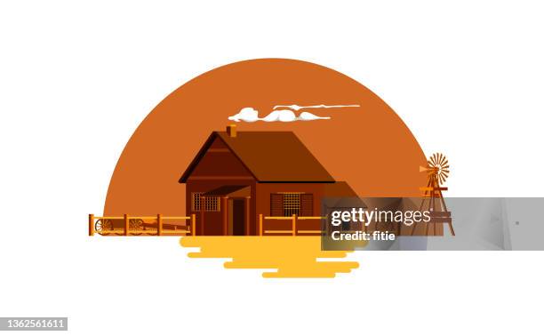 vektorabbildung des hochdetaillierten westlichen hauses und der windmühle. - village america stock-grafiken, -clipart, -cartoons und -symbole