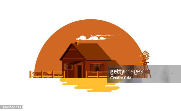 ilustraciones, imágenes clip art, dibujos animados e iconos de stock de ilustración vectorial de casa occidental de alto detalle y molino de viento. - fósil