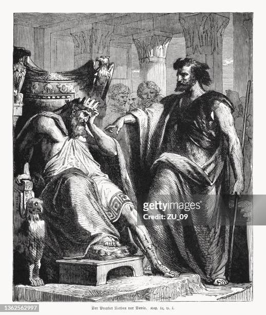 nathan the prophet confronts king david, wood engraving, published 1862 - david and goliath stock illustrations