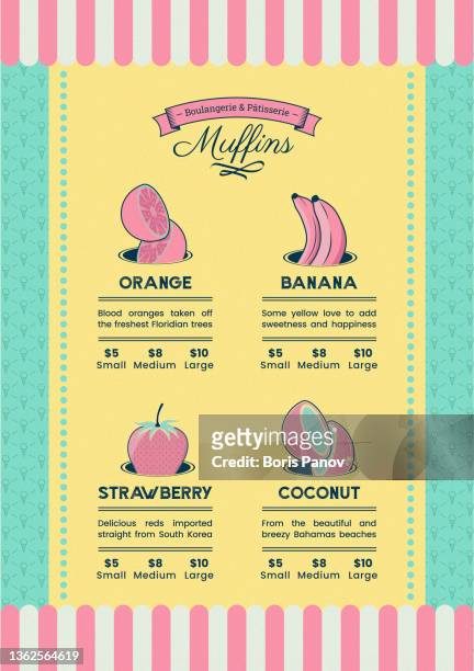 cute old-fashion themed muffin menu with four flavours for bakeries - school fete stock illustrations