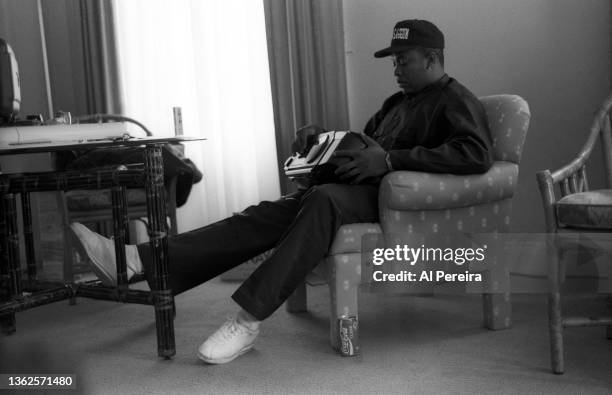Dr. Dre aka Andre Romelle Young of the Rap group N.W.A. Listens to a Boom box when he appears in portrait as their new CD, "Elif4ZaggiN" reaches...