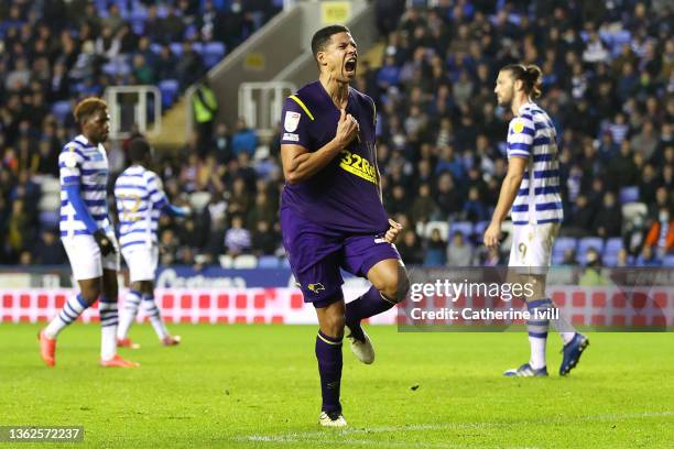 Curtis Davies of Derby County celebrates after scoring their side's second goal during the Sky Bet Championship match between Reading and Derby...