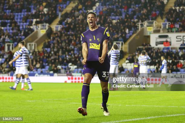 Curtis Davies of Derby County celebrates after scoring their side's second goal during the Sky Bet Championship match between Reading and Derby...