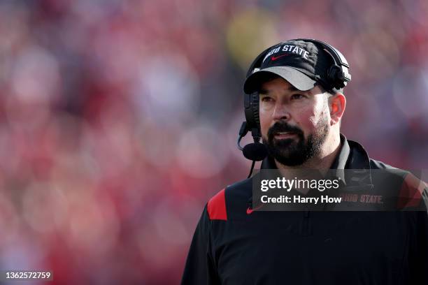 Head coach Ryan Day of the Ohio State Buckeyes on the sidelines during a 48-45 win over the Utah Utes at Rose Bowl on January 01, 2022 in Pasadena,...