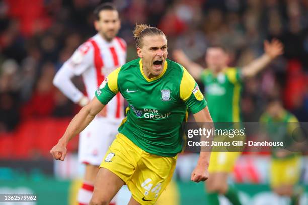 Brad Potts of Preston North End celebrates after scoring their first goal during the Sky Bet Championship match between Stoke City and Preston North...