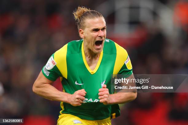 Brad Potts of Preston North End celebrates after scoring their first goal during the Sky Bet Championship match between Stoke City and Preston North...