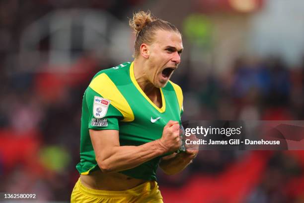 Brad Potts of Preston North End celebrates after scoring their first goal during the Sky Bet Championship match between Stoke City and Preston North...