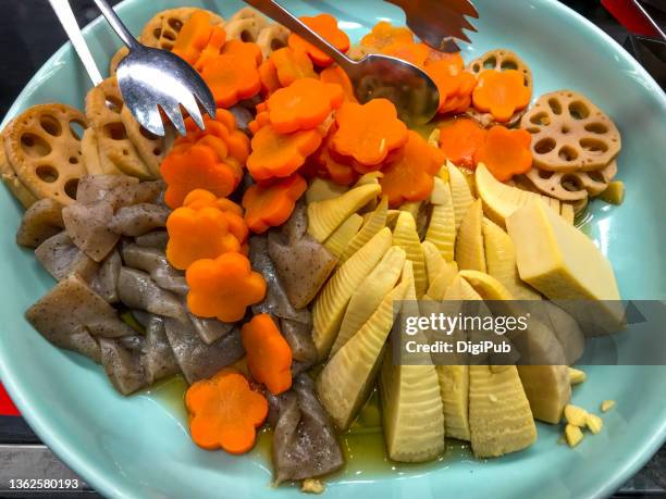 carrot, bamboo shoot, lotus root, konjac, tofu - konjac stock pictures, royalty-free photos & images