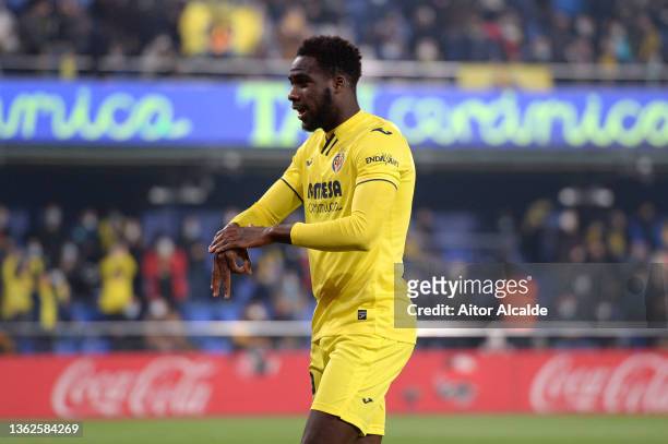 Boulaye Dia of Villarreal CF celebrates after scoring their side's first goal during the LaLiga Santander match between Villarreal CF and Levante UD...