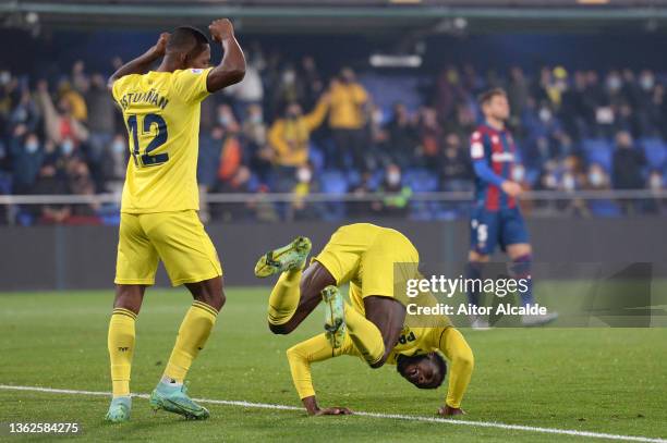 Boulaye Dia of Villarreal CF celebrates after scoring their side's first goal during the LaLiga Santander match between Villarreal CF and Levante UD...