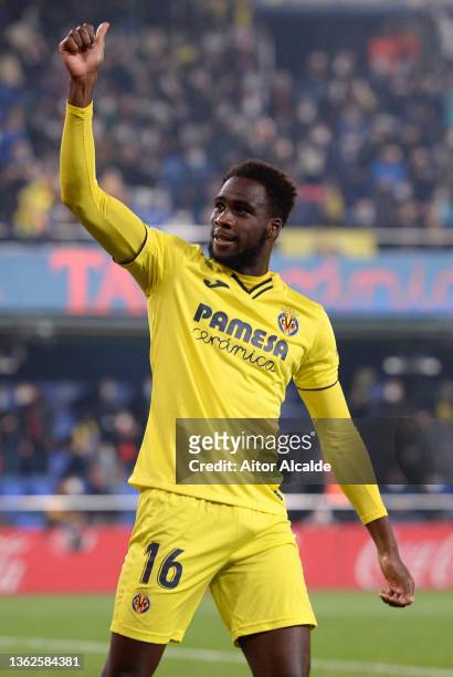 Boulaye Dia of Villarreal CF celebrates after scoring their side's first goal during the LaLiga Santander match between Villarreal CF and Levante UD...
