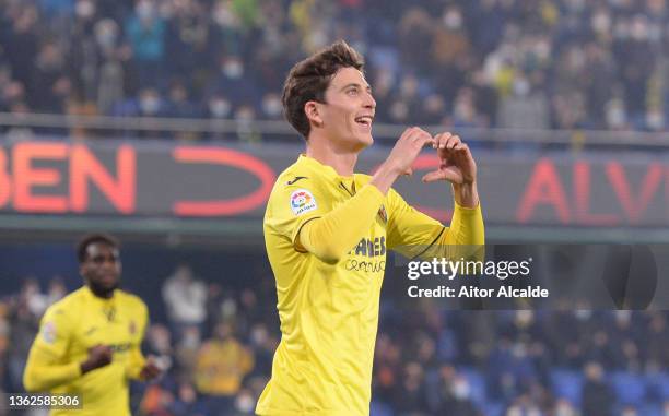 Pau Torres of Villarreal CF celebrates after scoring their side's second goal during the LaLiga Santander match between Villarreal CF and Levante UD...