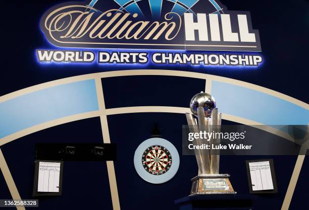 View of the Trophy prior to the Finals During Day Sixteen of The William Hill World Darts Championship at Alexandra Palace on January 03, 2022 in...