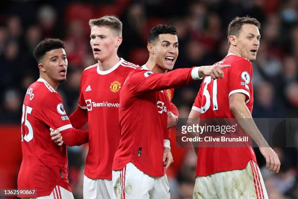 Cristiano Ronaldo of Manchester United instructs his teammatesduring the Premier League match between Manchester United and Wolverhampton Wanderers...