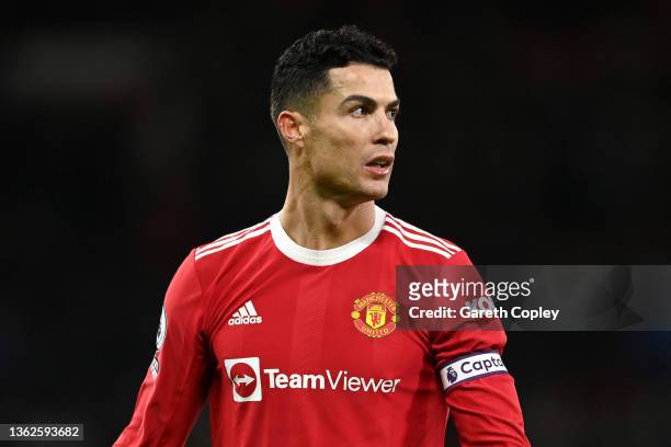 Cristiano Ronaldo of Manchester United reacts wearing the captains armband during the Premier League match between Manchester United and...