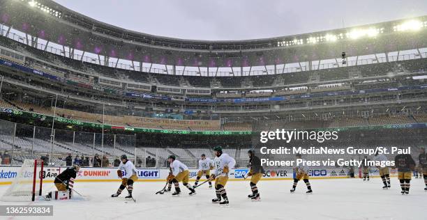 The Minnesota Wild during practice at Target Field in Minneapolis, Minn. On Friday, Dec. 31, 2021. The Wild will face the St. Louis Blues in the 2022...