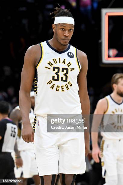 Myles Turner of the Indiana Pacers reacts after the Pacers lost to the Cleveland Cavaliers at Rocket Mortgage Fieldhouse on January 02, 2022 in...