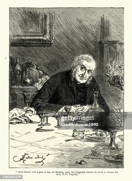 the old rector, after dinner over a glass of fine madeira, 1881, 19th century - madeira wine stock illustrations