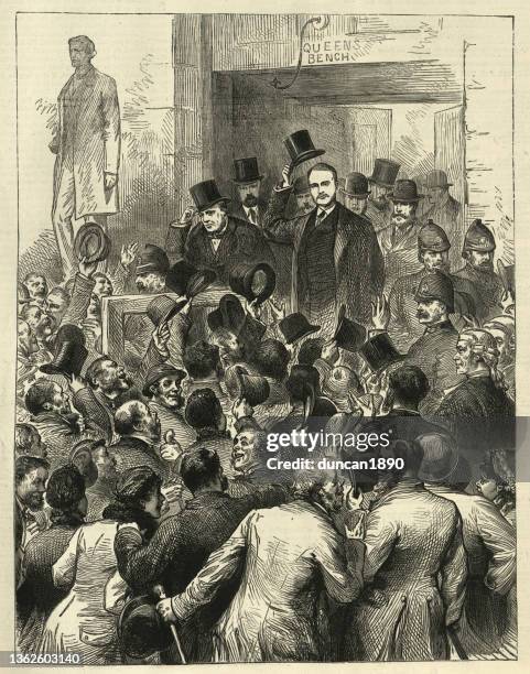 die irish land league trials in dublin, die traversers verlassen den gerichtshof, 1881, viktorianisches 19. jahrhundert - dublin irland stock-grafiken, -clipart, -cartoons und -symbole