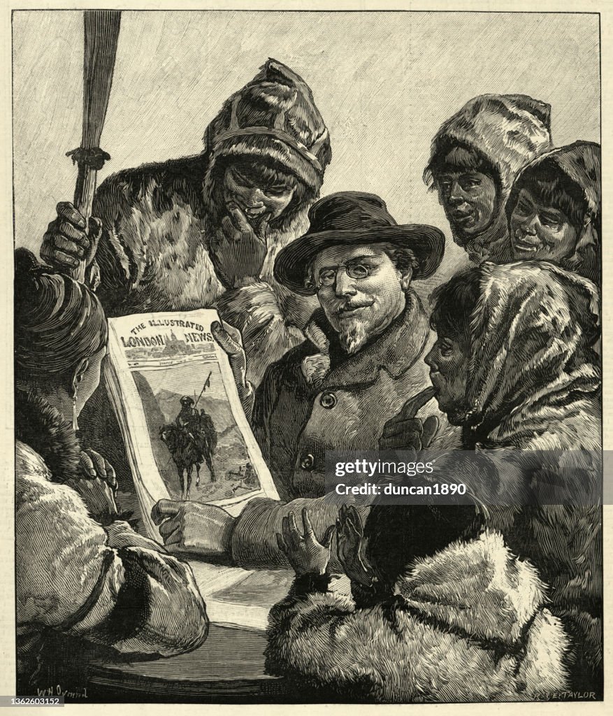 The explorer Frederick Schwatka showing Inuit a newspaper, during the Search for Franklin's expedition, 1878 to 1880