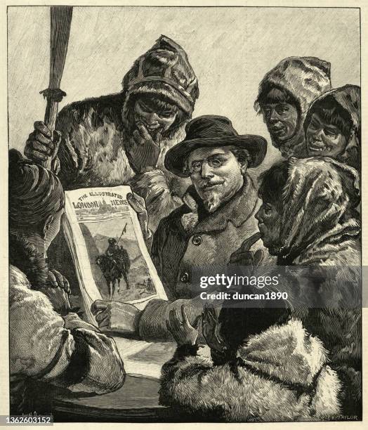 the explorer frederick schwatka showing inuit a newspaper, during the search for franklin's expedition, 1878 to 1880 - arctic explorer stock illustrations