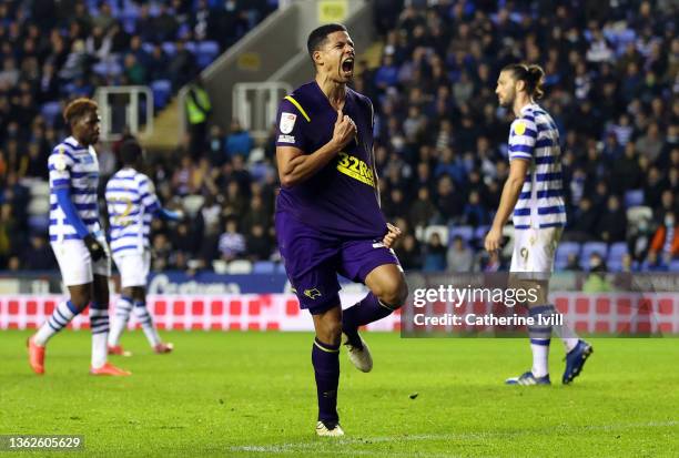 Curtis Davies of Derby County celebrates after scoring their side's second goal during the Sky Bet Championship match between Reading and Derby...