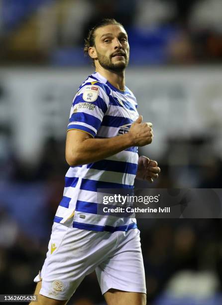 Andy Carroll of Reading battles for possession with during the Sky Bet Championship match between Reading and Derby County at Madejski Stadium on...