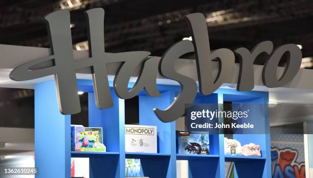 Monopoly game sits under the Hasbro logo during Brand Licensing Europe at ExCel on November 18, 2021 in London, England. Brand Licensing Europe is...