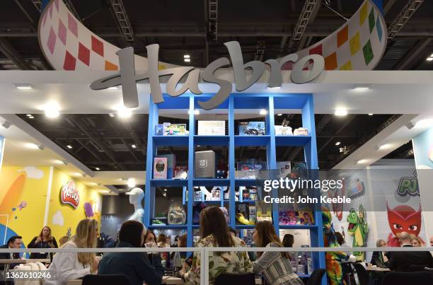 People discuss business by the Hasbro stand during Brand Licensing Europe at ExCel on November 18, 2021 in London, England. Brand Licensing Europe is...