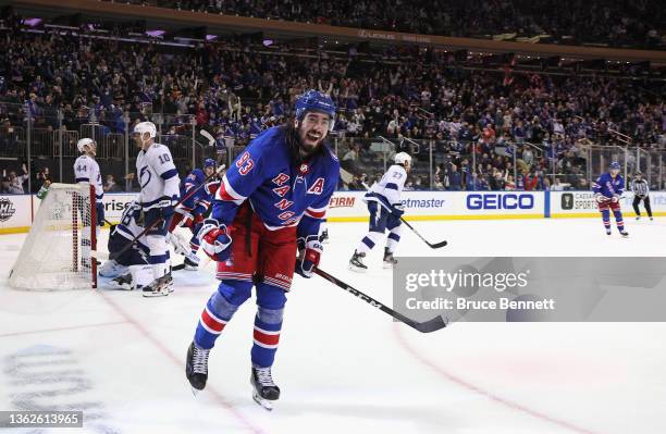 Mika Zibanejad of the New York Rangers scores his hattrick goal at 7:44 of the second period against the Tampa Bay Lightning at Madison Square Garden...