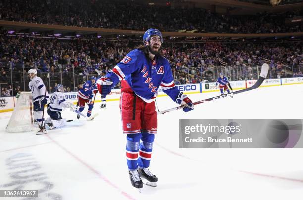 Mika Zibanejad of the New York Rangers scores his hattrick goal at 7:44 of the second period against the Tampa Bay Lightning at Madison Square Garden...