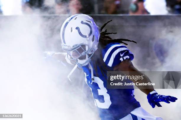 Hilton of the Indianapolis Colts is introduced before the game against the Las Vegas Raiders at Lucas Oil Stadium on January 02, 2022 in...