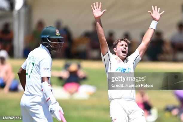 Tim Southee of the Black Caps appeals sucessfully for the wicket of Taskin Ahmed of Bangladesh during day four of the First Test Match in the series...