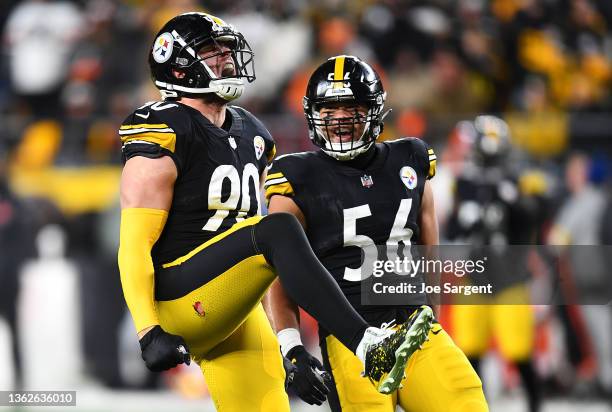 Watt of the Pittsburgh Steelers reacts after a sack during the first quarter against the Cleveland Browns at Heinz Field on January 03, 2022 in...