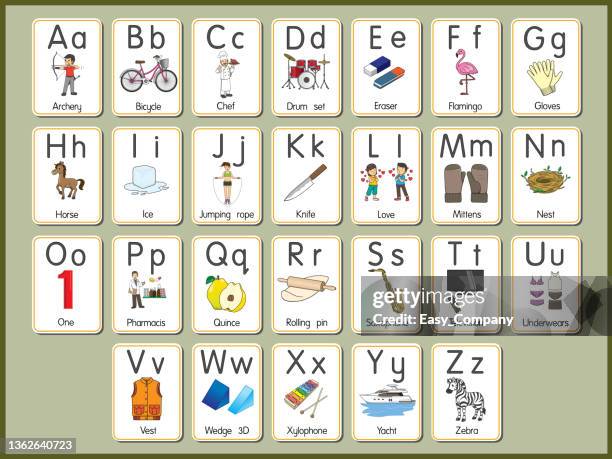 vektorabbildung der alphabet-karte a-z groß- oder kleinbuchstaben für anfänger abc - abc broadcasting company stock-grafiken, -clipart, -cartoons und -symbole