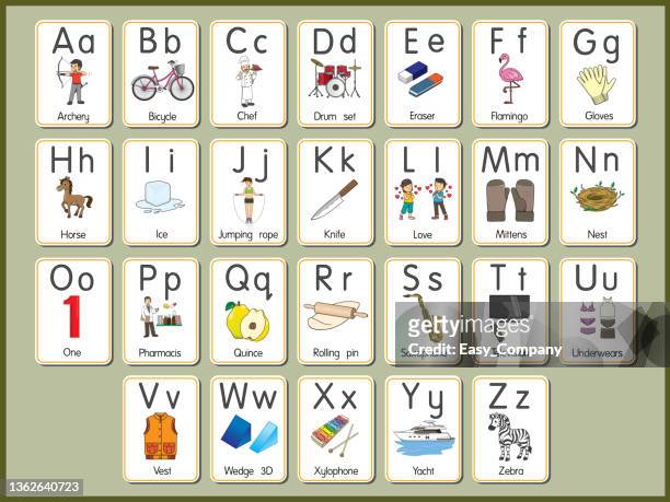 stockillustraties, clipart, cartoons en iconen met vector illustration of the alphabet flash card a-z uppercase or lowercase letters for beginners abc - abc broadcasting company
