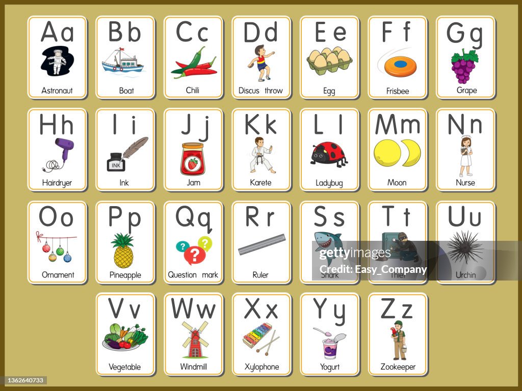 Vector illustration of the alphabet flash card A-Z Uppercase or lowercase letters for beginners ABC