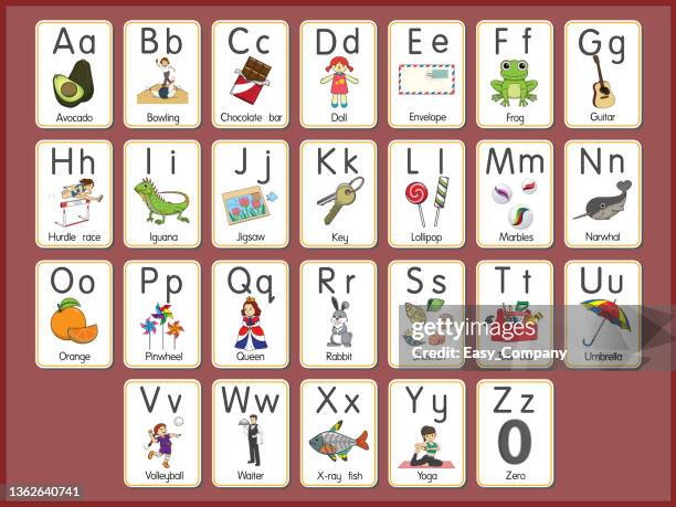 illustrations, cliparts, dessins animés et icônes de illustration vectorielle de l’alphabet carte flash a-z lettres majuscules ou minuscules pour débutants abc - ordre alphabétique