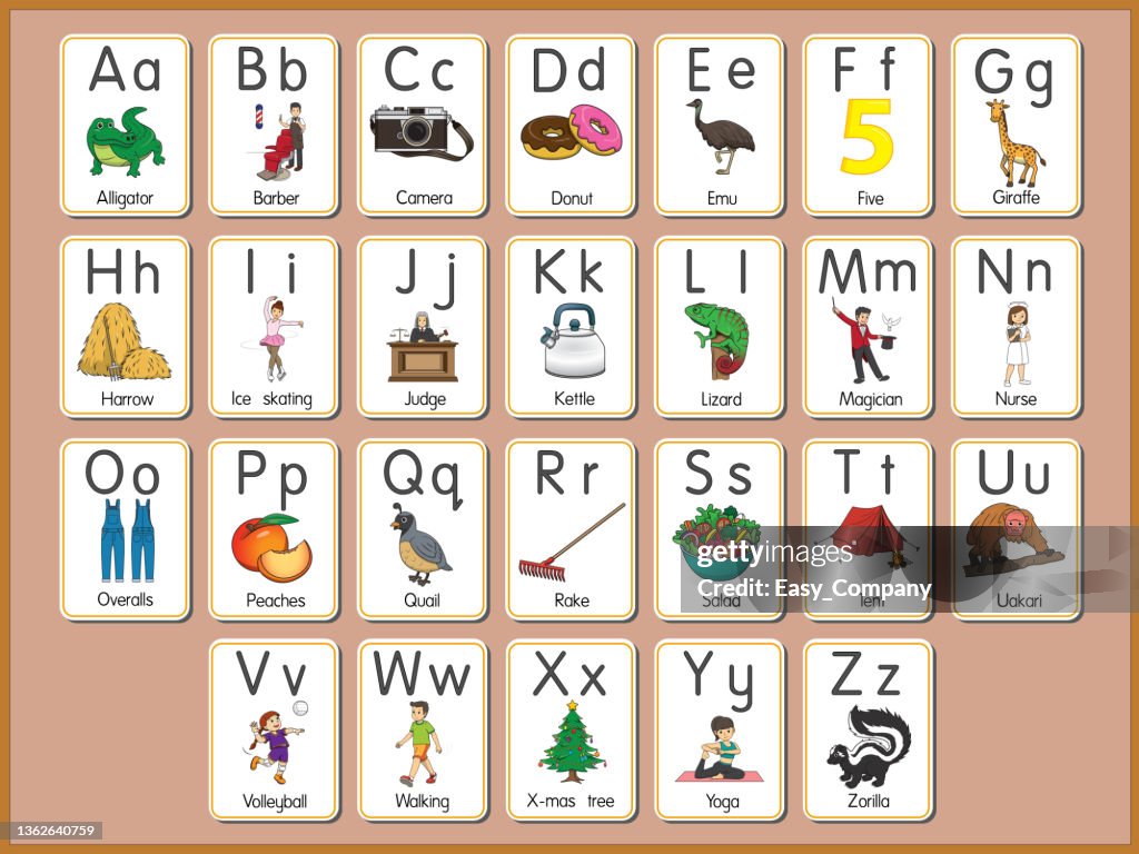 Vector illustration of the alphabet flash card A-Z Uppercase or lowercase letters for beginners ABC