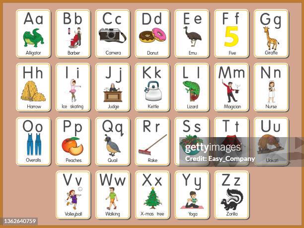 vector illustration of the alphabet flash card a-z uppercase or lowercase letters for beginners abc - alphabetical order stock illustrations