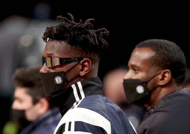 Former Tampa Bay Buccaneers receiver Antonio Brown attends the game between the Brooklyn Nets and the Memphis Grizzlies in the second half at...