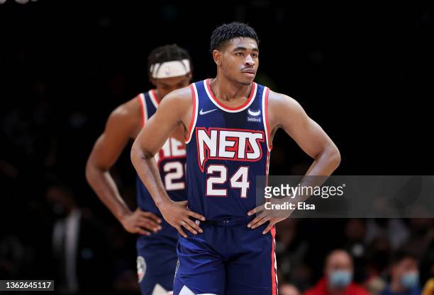 Cam Thomas of the Brooklyn Nets reacts late in the second half against the Memphis Grizzlies at Barclays Center on January 03, 2022 in the Brooklyn...