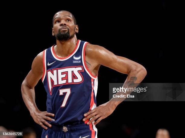 Kevin Durant of the Brooklyn Nets reacts late in the second half against the Memphis Grizzlies at Barclays Center on January 03, 2022 in the Brooklyn...